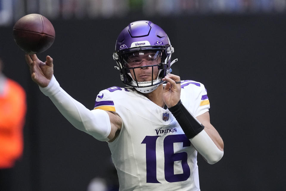 FILE - Minnesota Vikings quarterback Jaren Hall throws a pass during the first half of an NFL football game against the Atlanta Falcons, Nov. 5, 2023, in Atlanta. The Vikings have switched starting quarterbacks for the fourth time in nine weeks. They are handing the offense again to rookie Hall with two must-win games left for making the playoffs. He replaces Nick Mullens. (AP Photo/John Bazemore, File)