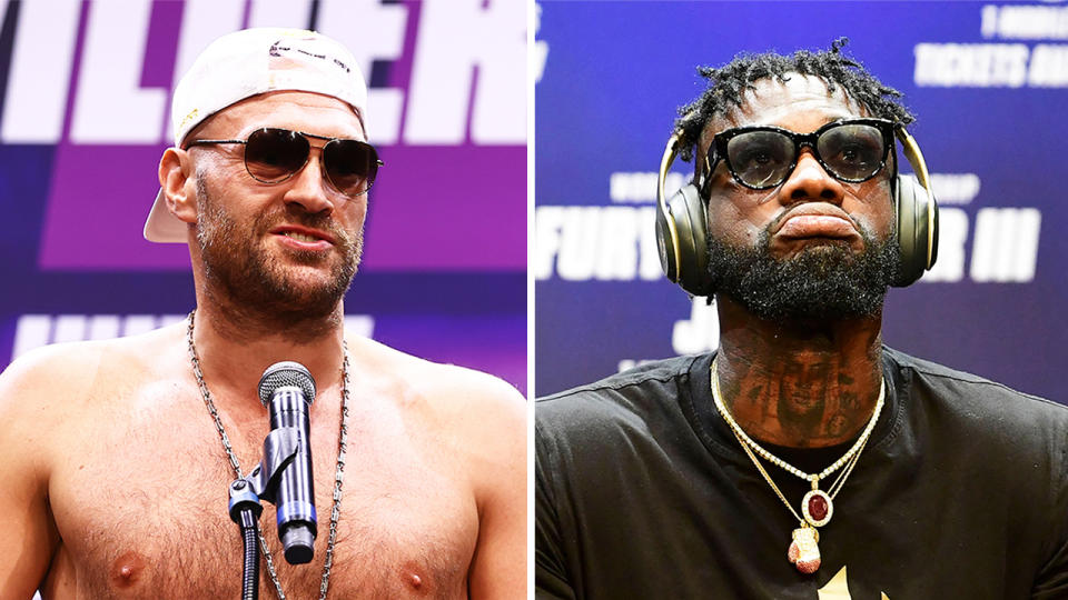 Tyson Fury'(pictured left) talking at the press conference and Deontay Wilder (pictured right) sitting in silence.