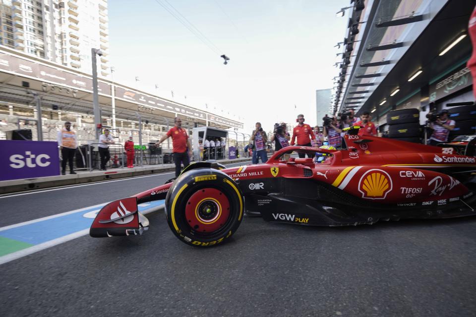 British Ferrari driver Oliver Bearman leaves pits during the third practice session ahead of the Formula One Saudi Arabian Grand Prix at the Jeddah Corniche Circuit in Jeddah, Saudi Arabia, Friday, March 8, 2024. Saudi Arabian Grand Prix will be held on Saturday, March 9, 2024. (AP Photo/Darko Bandic)