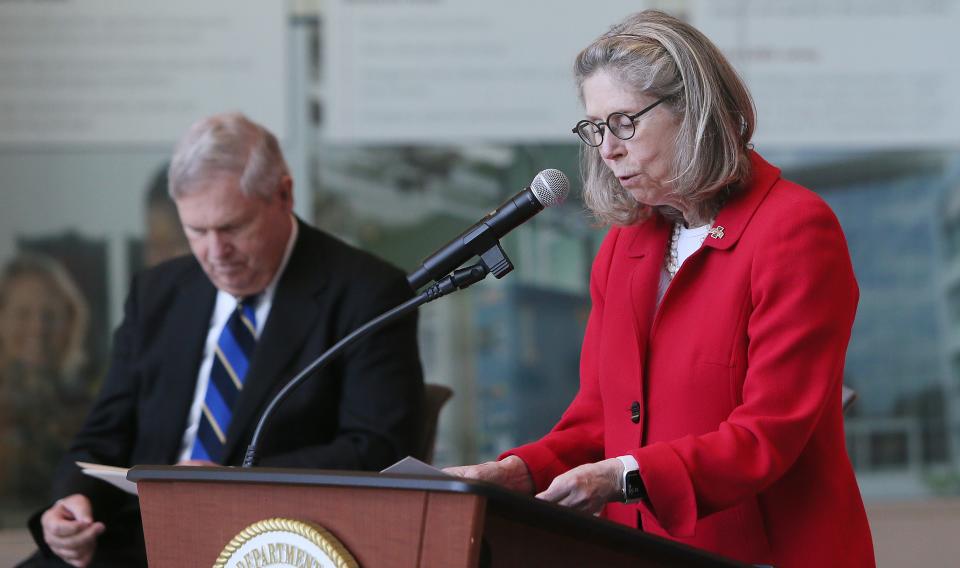 Iowa State University President Wendy Wintersteen introduces US Secretary of Agriculture Tom Vilsack speaks during an announcement of new investments by the USDA to support the development and adoption of new innovative technologies and systems at Iowa State University's Sukup Hall Thursday, April 6, 2023, in Ames, Iowa.