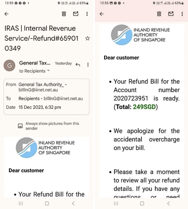 Screenshots of the email impersonating IRAS