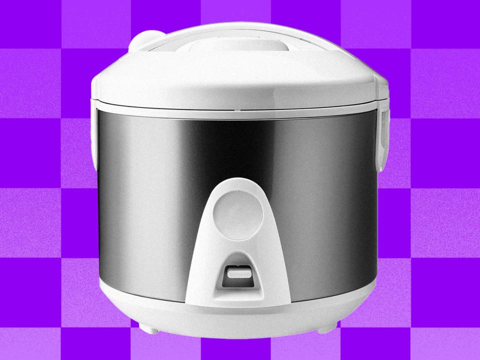 A rice cooker on a purple checkered background