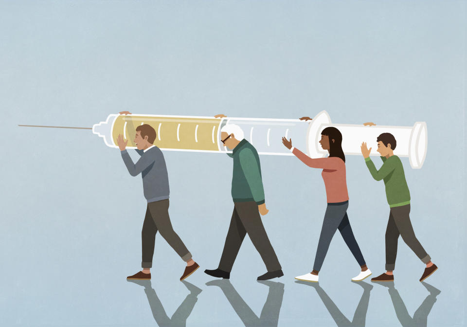 Illustration of people carrying vaccine