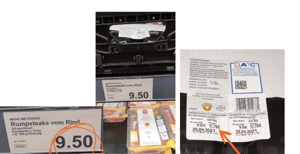 In diesem Fall sind die Fleischstücke in den Verpackungen größer und damit teurer als angegeben. (Bild: Verbraucherzentrale Hamburg)