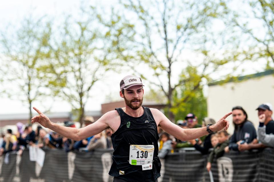 Andrew Lent places first overall during the Colorado Marathon on Sunday, May 5, 2024 in Fort Collins, Colo.