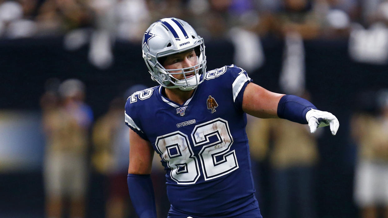Dallas Cowboys tight end Jason Witten (82) lines up for a play in the second half of an NFL football game against the New Orleans Saints in New Orleans, Sunday, Sept. 29, 2019. (AP Photo/Butch Dill)