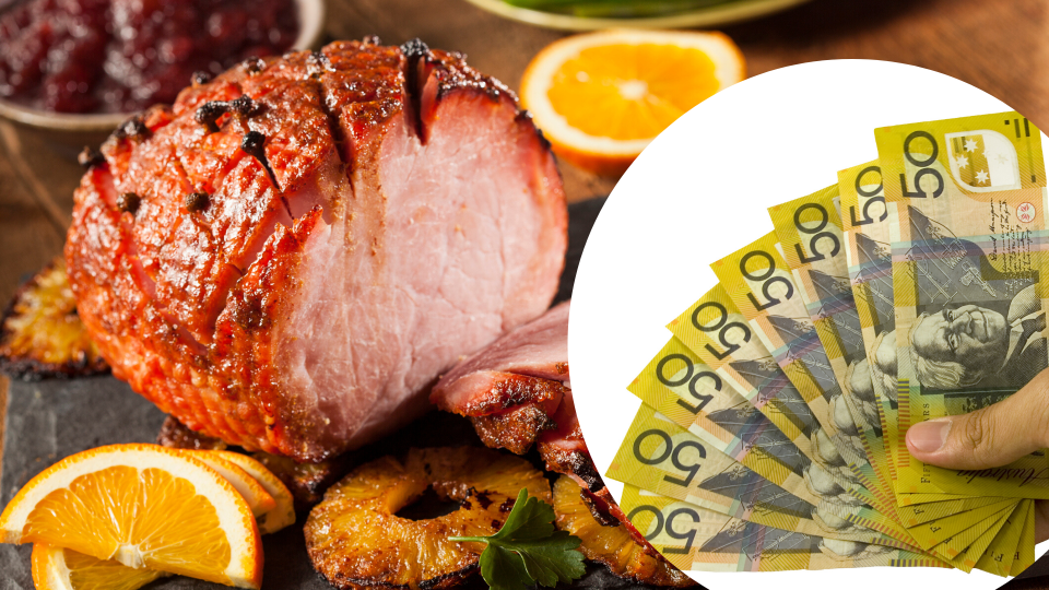 Pictured: Christmas ham, Australian cash. Images: Getty