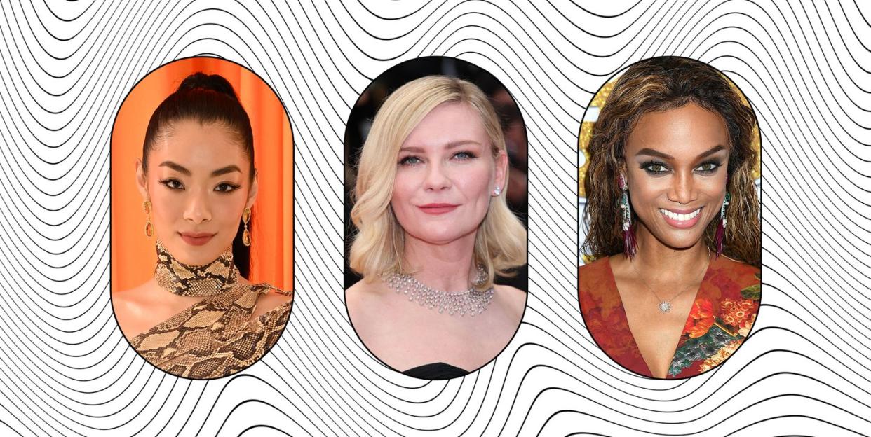 a black and white swirl background with three images of celebrities over the top, rina sawayama kirsten dunst and tyra banks who all have ibs