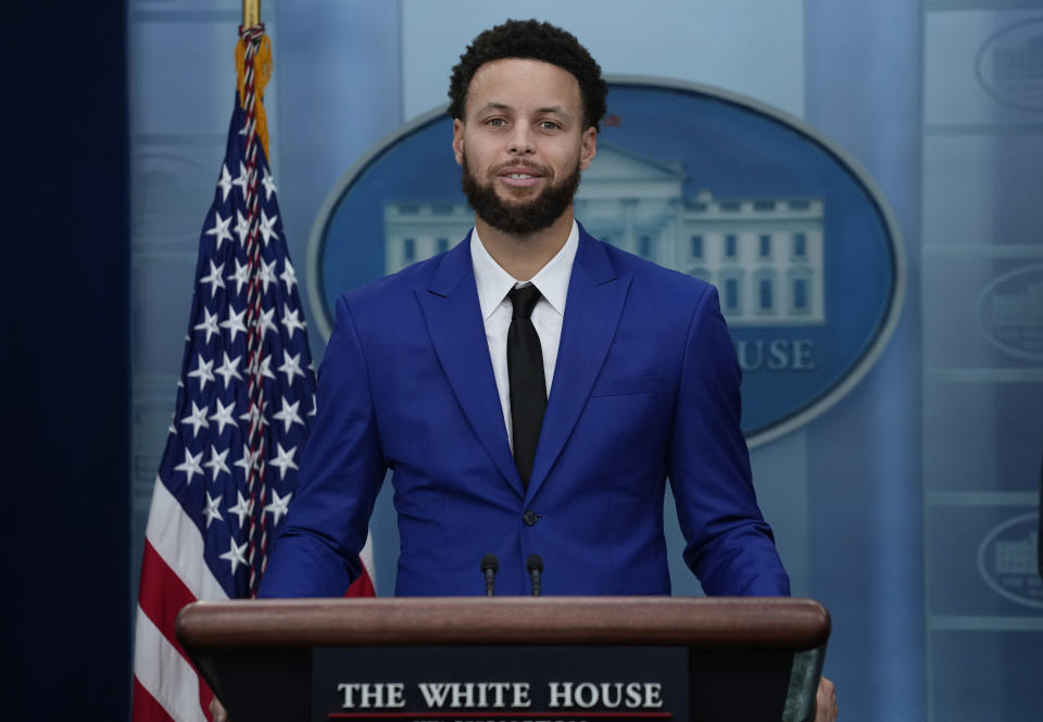 NBA Golden State Warriors basketball player Stephen Curry speaks during the daily briefing at the White House in Washington, Tuesday, Jan. 17, 2023. (AP Photo/Carolyn Kaster)