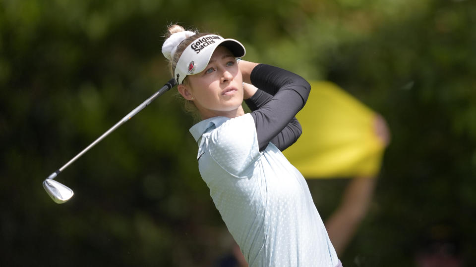 Nelly Korda hits on the fifth tee during the second round of the Women's PGA Championship golf tournament at Sahalee Country Club, Friday, June 21, 2024, in Sammamish, Wash. (AP Photo/Gerald Herbert)