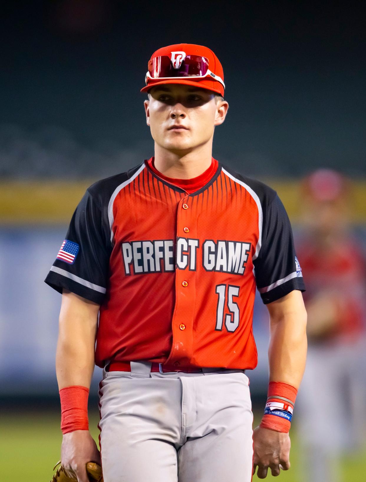 West infielder Kevin McGonigle (15) during the Perfect Game All-American Classic high school baseball game at Chase Field on Aug. 28, 2022.