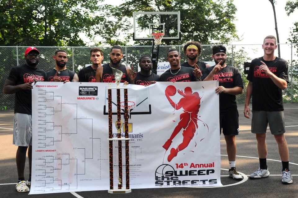 Off Road Motor Sports celebrates its championship win in the men's title game at the 14th annual Sweep The Streets playground basketball event last year at Coleman Memorial Park.  Off Road which included Elco grads Colton Lawrence and Mason Bossert,  went unbeaten in the 18-team double-elimination tournament, wrapping up the tourney title with a 53-35 win over Coach Rod's Boys out of York in the championship game.