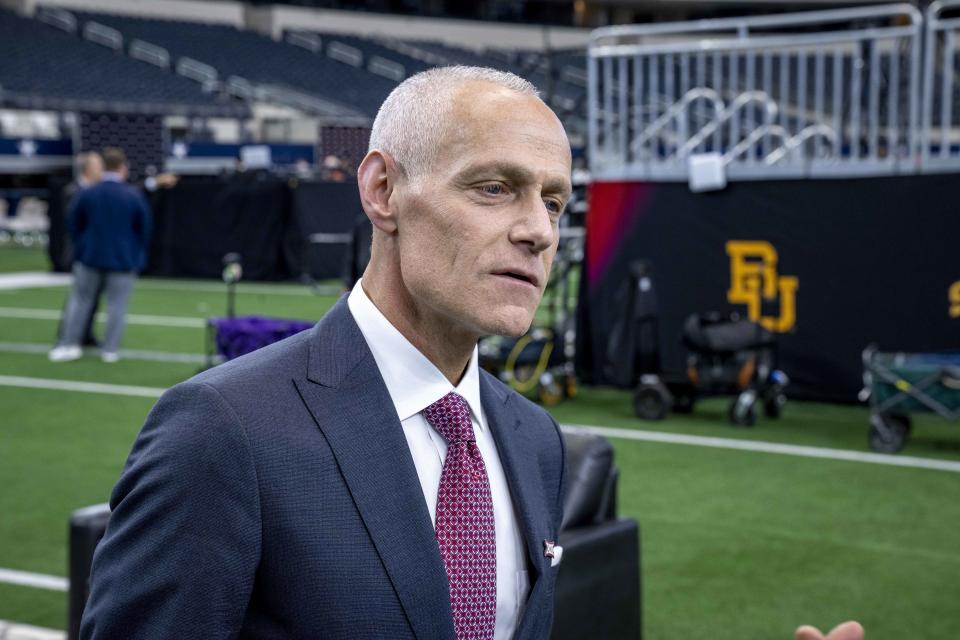 July 13, 2022; Arlington, Texas; Big 12 commissioner Brett Yormark talks with the media during the Big 12 Media Day at AT&T Stadium. Jerome Miron-USA TODAY Sports