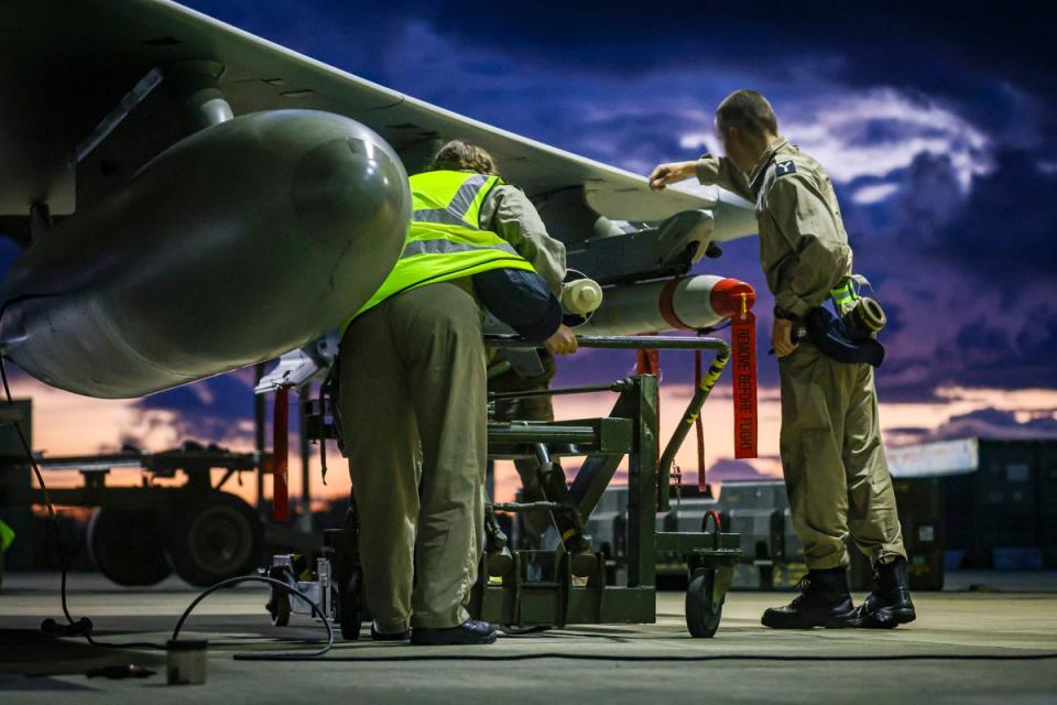 RAF Weapon Technicians prepare RAF Typhoon FRG4 aircraft to conduct further strikes against Houthi targets (AS1 Leah Jones/MOD/Crown Copyright/PA Wire)