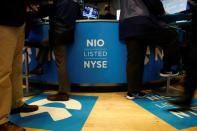 Chinese electric vehicle start-up NIO Inc., logo is on display on the trading floor of the New York Stock Exchange (NYSE) as NIO stock begins trading during the company’s initial public offering (IPO) at the NYSE in New York, U.S., September 12, 2018. REUTERS/Brendan McDermid