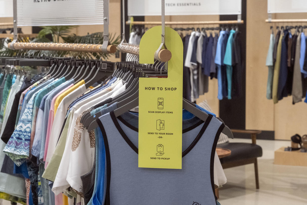 Glendale, CA - May 24: Signs with information on how to shop at the new Amazon Style clothing store at The Americana at Brand mall in Glendale Tuesday, May 24, 2022. .(Photo by Hans Gutknecht/MediaNews Group/Los Angeles Daily News via Getty Images)