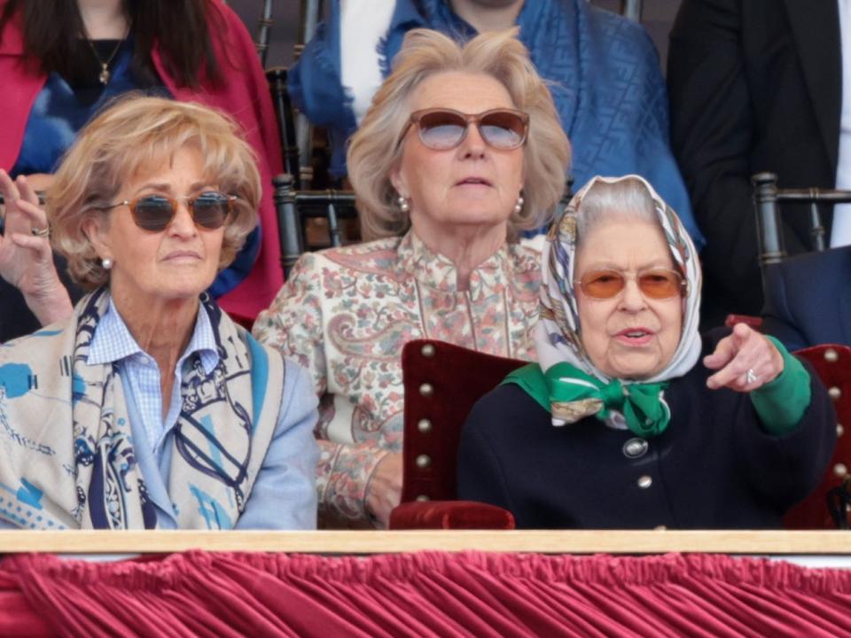 Penelope Knatchbull, Countess Mountbatten of Burma and Queen Elizabeth II at the The Royal Windsor Horse Show at Home Park on May 13, 2022.