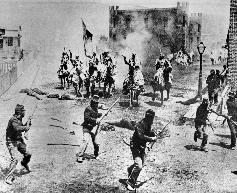 A scene from D.W. Griffith’s 1914 film “The Birth of a Nation,” depicting Ku Klux Klan members riding horses against soldiers. In 1992, the Library of Congress added Griffith’s work to the National Film Registry, calling it a “controversial, explicitly racist, but landmark American film masterpiece.” (Photo: AP)