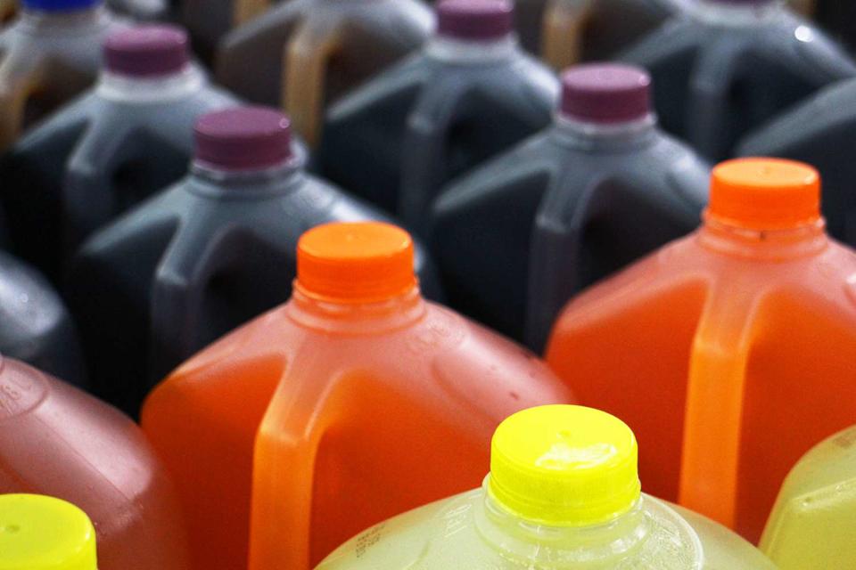 <p>Getty</p> Stock image of gallon bottles of juice.