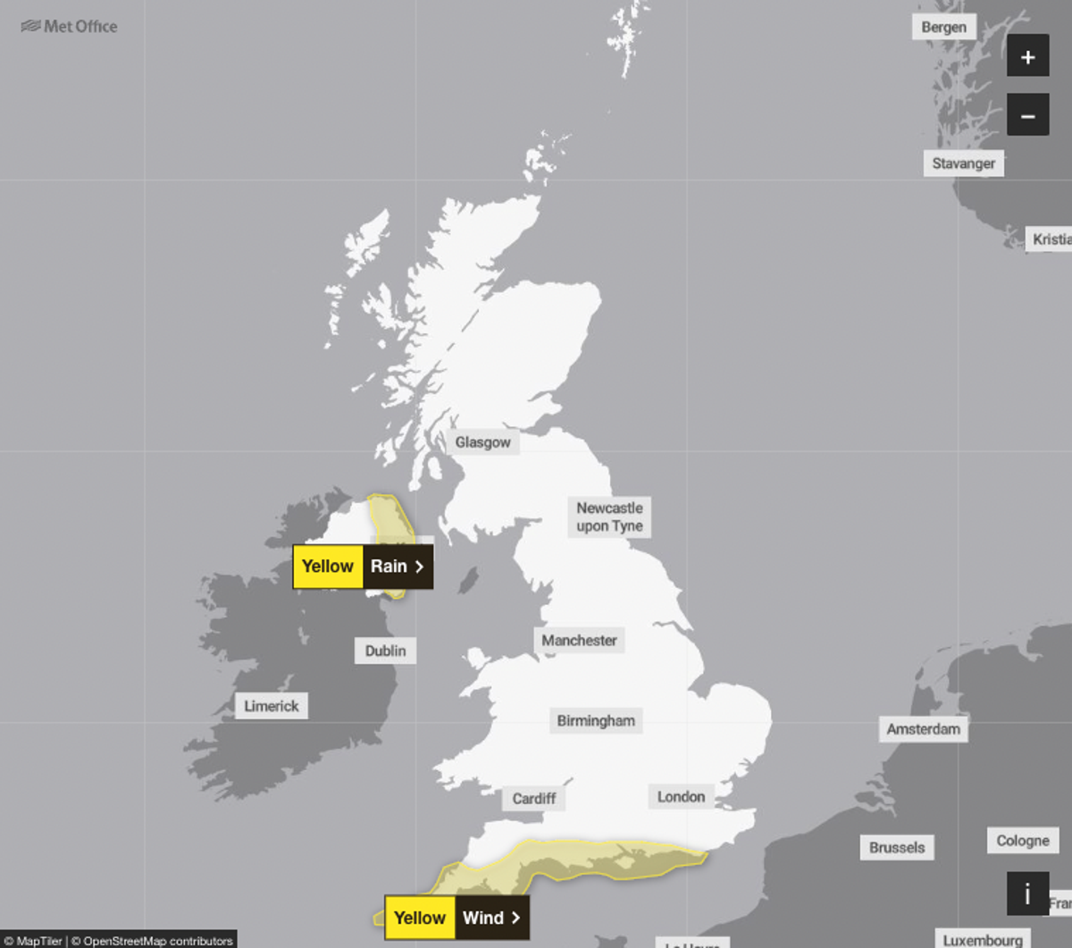 There are two weather warnings in place for Thursday (Met Office)