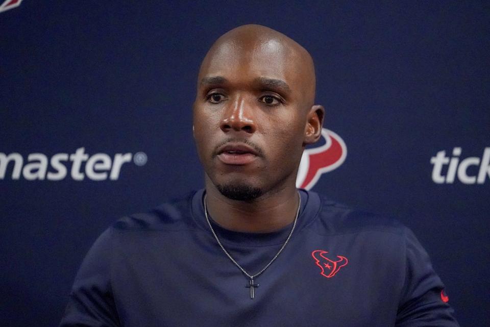 Houston Texans head coach DeMeco Ryans talks after an NFL football game against the Baltimore Ravens Sunday, Sept. 10, 2023, in Baltimore. The Ravens won 25-9. (AP Photo/Julio Cortez)