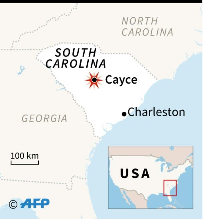 Map locating Cayce in South Carolina, where at least two people were killed and dozens injured after a passenger train collided with a freight train