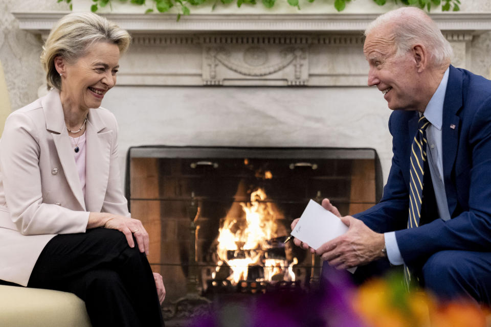 President Joe Biden meets with European Commission President Ursula von der Leyen in the Oval Office of the White House in Washington, Friday, March 10, 2023. (AP Photo/Andrew Harnik)