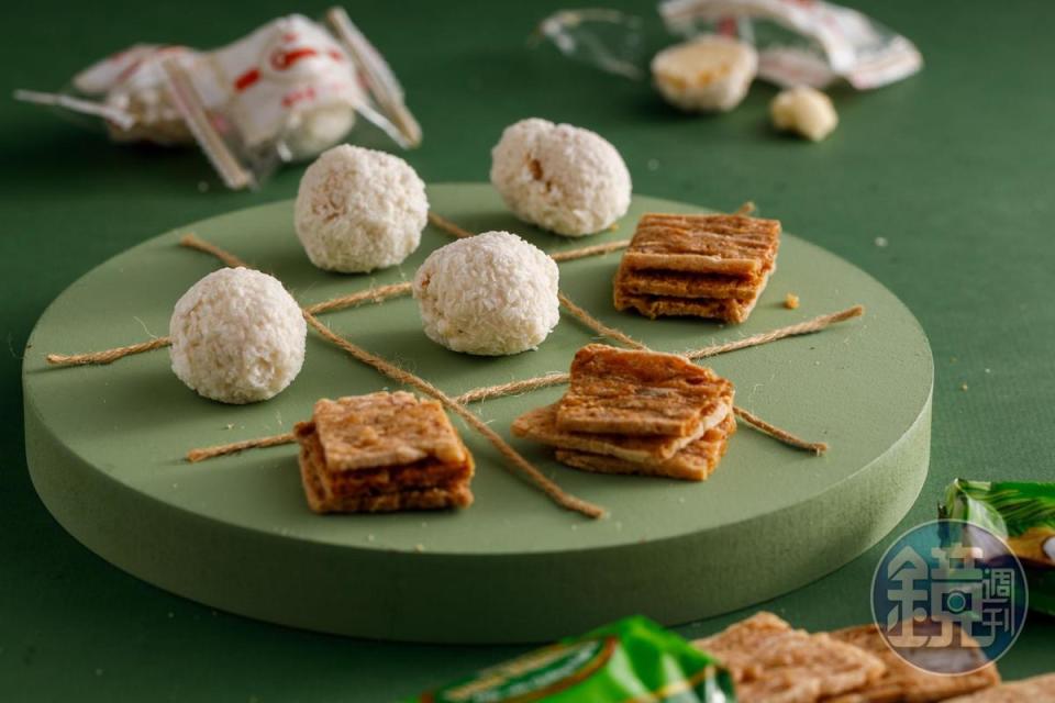 越南的「椰子糖」（左，65元／包）吃起來像裹著椰子粉的金莎巧克力，不會太甜膩；「烤椰子餅」（右，38元／包）像硬版的可口奶滋，有淡淡椰香。