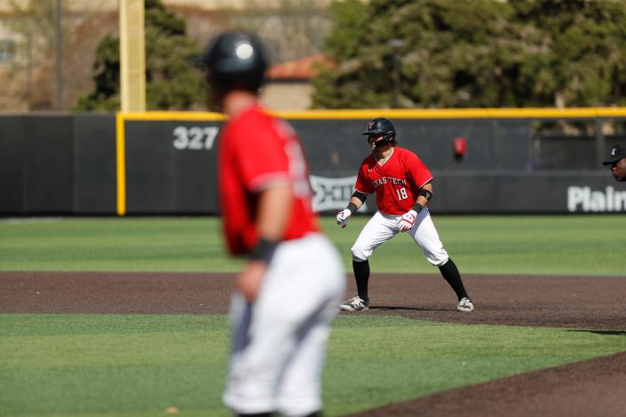 Texas Tech&#39;s Cole Stilwell (18) takes a lead at second base during a Big 12 Conference game Saturday against Kansas State at Dan Law Field at Rip Griffin Park.