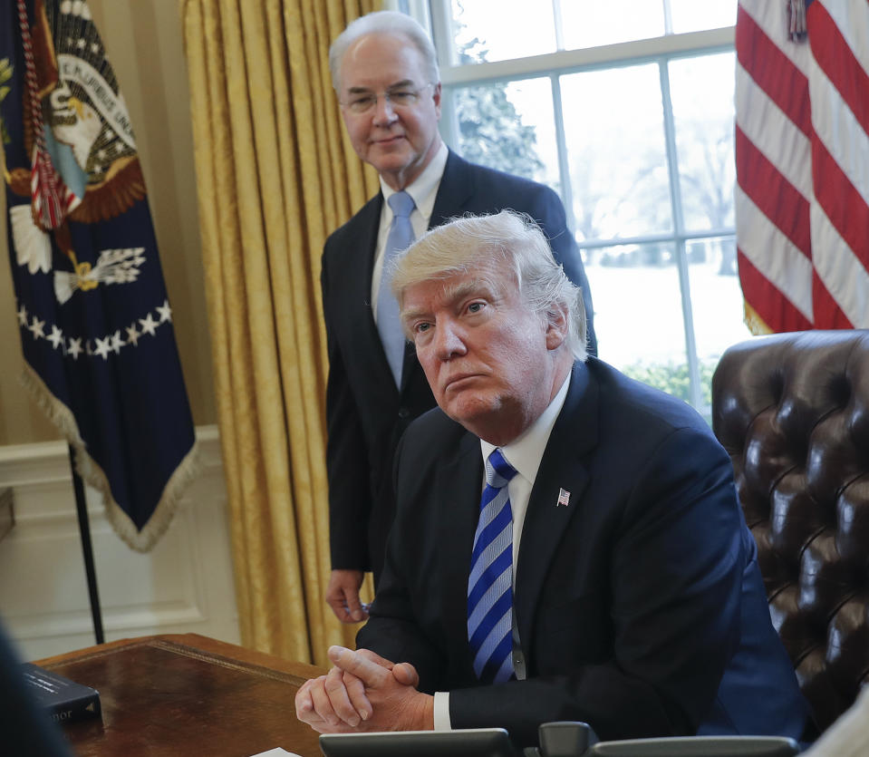 Two of the biggest names in the health insurance policy, President Trump and Secretary of Health and Human Services Tom Price. Source: AP