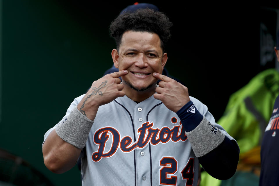FILE - In this June 18, 2019 file photo, Detroit Tigers' Miguel Cabrera makes a face at a photographer before the team's baseball game against the Pittsburgh Pirates in Pittsburgh. Venezuela was an incubator of Major League Baseball stars such as Cabrera. Despite the remote chance young Venezuelan baseball players still dream big: A professional baseball career in the United States. (AP Photo/Gene J. Puskar, File)
