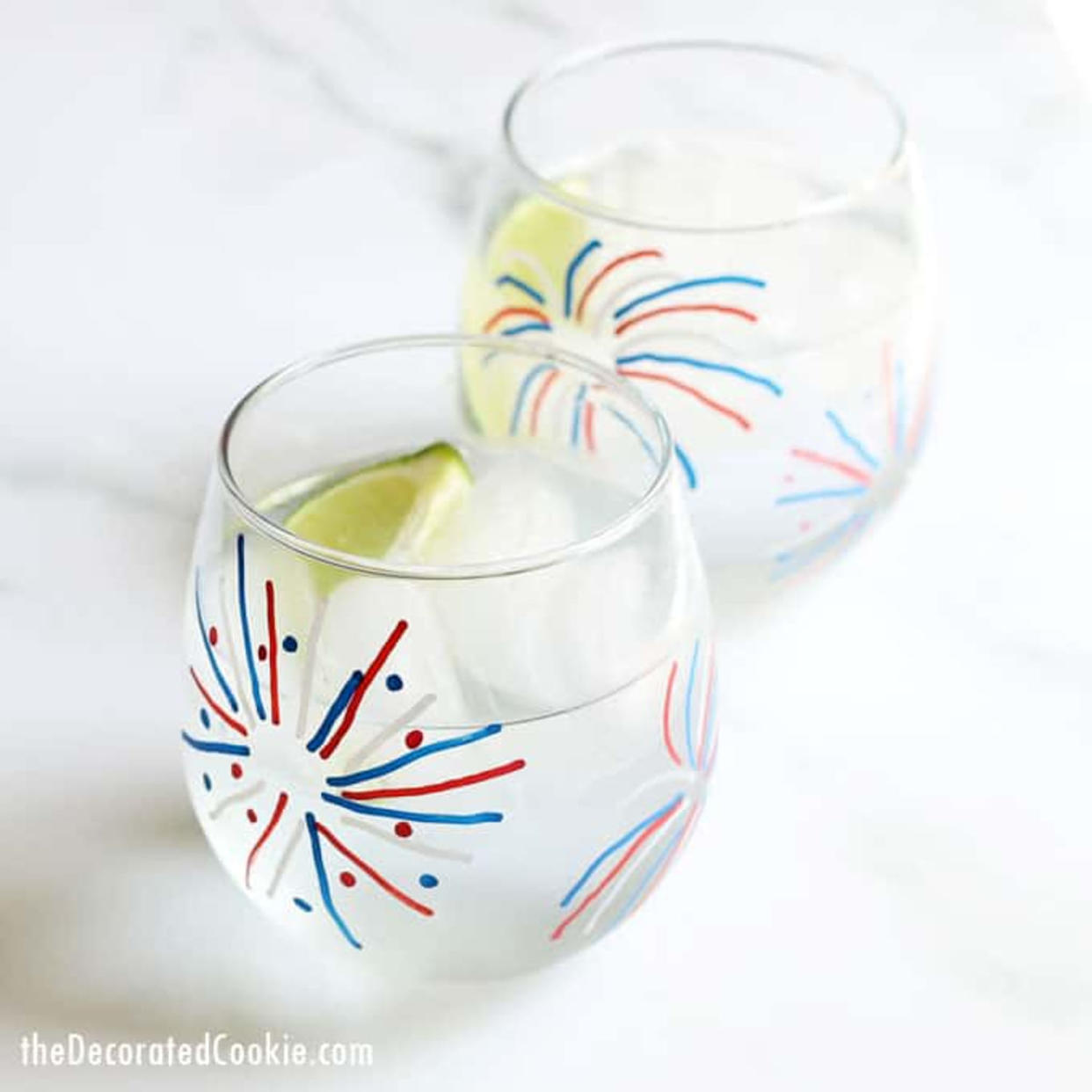 wine glasses with red, white and blue fireworks (The Decorated Cookie )