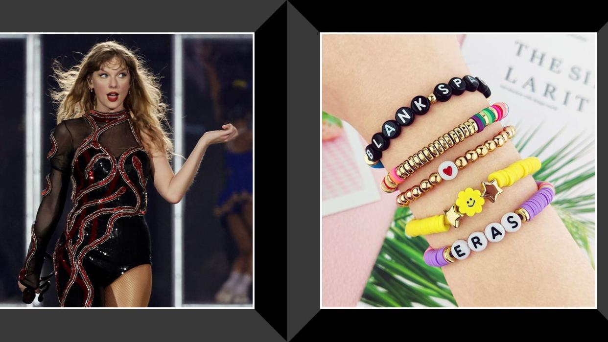 taylor swift performing on stage for eras tour, swiftie bracelets