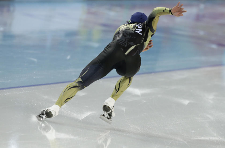 Speedskater Keiichiro Nagashima trains at the Adler Arena Skating Center during the 2014 Winter Olympics in Sochi, Russia, Friday, Feb. 7, 2014. (AP Photo/Matt Dunham)