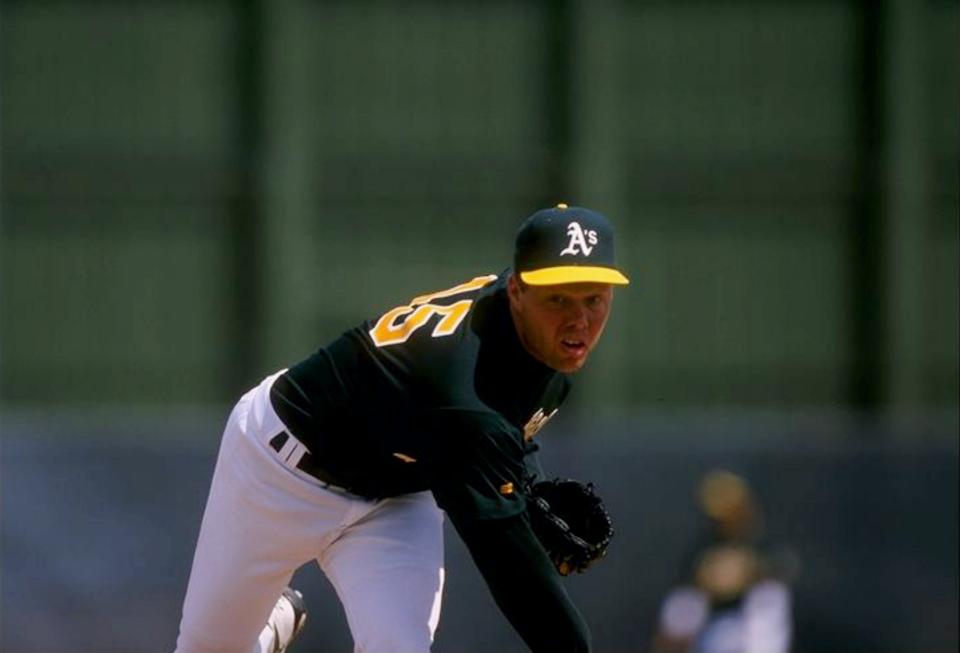 6 Mar 1998: Pitcher Mike Oquist of the Oakland Athletics in action during a spring training game against the Chicago White Sox at the Phoenix Municipal Stadium in Phoenix, Arizona. The Athletics defeated the White Sox 3-1. Mandatory Credit: Brian Bahr