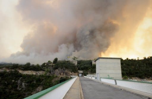 Wildfire is seen from the Boadellas reservoir on July 23, in Darnius, near La Junquera, close to the Spanish-French border. Hundreds of firefighters, backed by water-bombing planes, are battling the wind-fuelled fire in northeast Spain that so far has killed four people, including a teenage girl