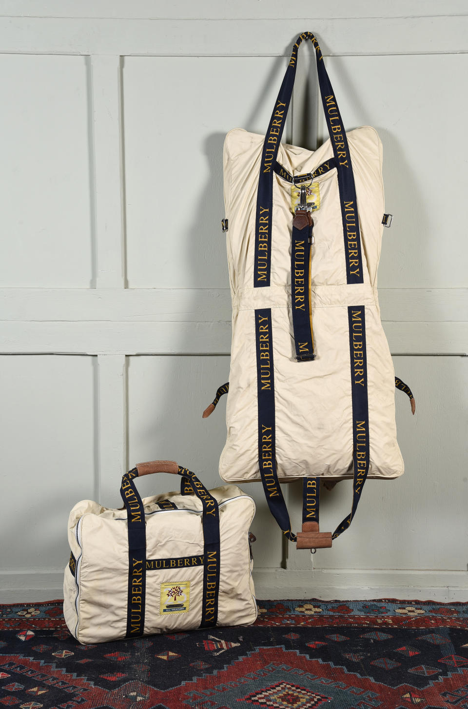 cream canvas suit carrier and travel bag