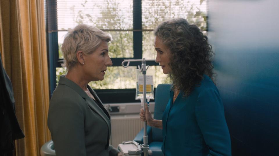 After she's diagnosed with colon cancer, a big Hollywood star (Andie MacDowell, right) begs her agent (Tamsin Greig) to get her a private room in a busy British hospital in the comedy "My Happy Ending."