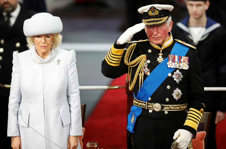 PORTSMOUTH, ENGLAND - DECEMBER 10: Prince Charles, Prince of Wales and Camilla, Duchess of Cornwall attend the official commissioning ceremony of HMS Prince of Wales on December 10, 2019 in Portsmouth, England.  (Photo by Peter Nicholls - WPA Pool/Getty Images)