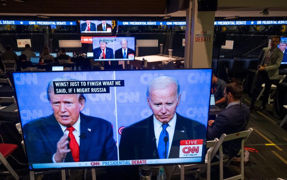 Donald Trump and Joe Biden shown on screen during the CNN election debate