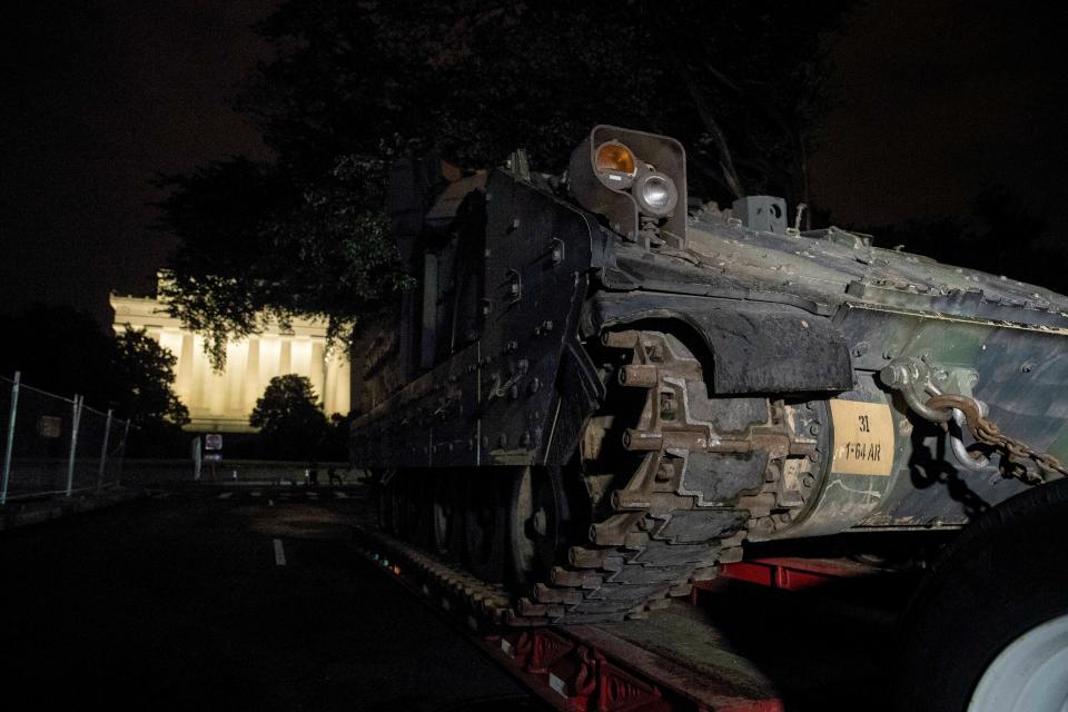 One of two Bradley Fighting Vehicles is parked next to the Lincoln Memorial before President Donald Trump's "Salute to America," event honoring service branches on Independence Day.
