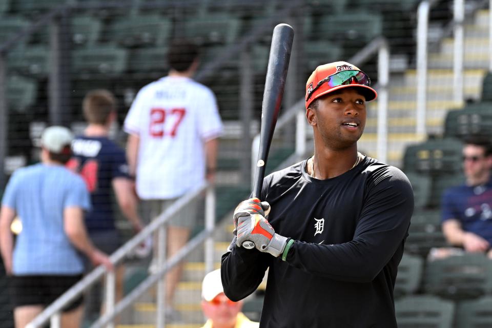 Detroit Tigers left fielder Justyn-Henry Malloy (82) prepares for batting practice before the start of the spring training game against the Atlanta Braves at CoolToday Park on March 5, 2024, in North Port, Florida.