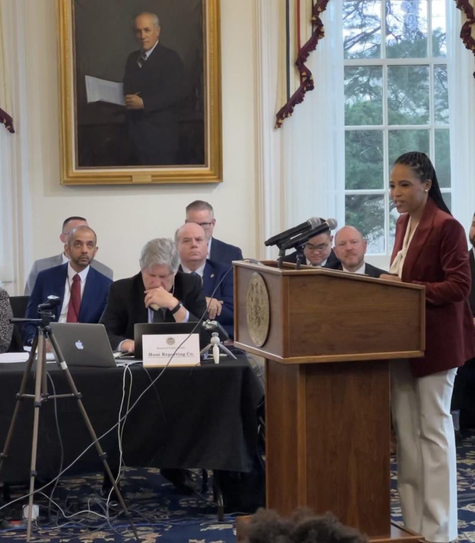 Prince George's County Executive Angela Alsobrooks speaks during a meeting of the state's Board of Public Works on Jan. 25, 2023 at the State House in Annapolis, Maryland. The county received $400 million in bonds for development along the Washington Metro's Blue Line corridor.