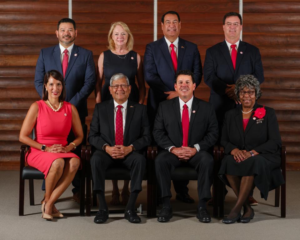 In 2024, Corpus Christi ISD is led by trustees Eric Villarreal and Jane Bell, superintendent Roland Hernandez, trustees Marty Bell, Dolly Gonzales Trolley, Jaime Arredondo, Don Clark and Alice Upshaw Hawkins (top left to bottom right).