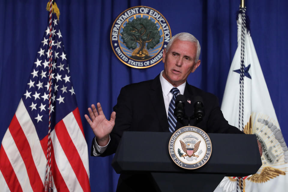 Vice President Mike Pence speaks during a White House coronavirus task force press briefing at the U.S. Department of Education on Wednesday. He said the Centers for Disease Control and Prevention will relax guidelines for reopening schools in the fall. (Photo: Alex Wong via Getty Images)