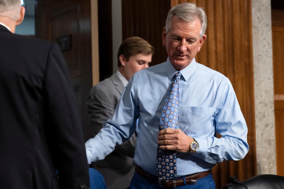 Sen. Tommy Tuberville, R-Ala., arrives for a Senate Armed Services Committee hearing on Navy Adm. Lisa Franchetti's nomination for reappointment to the grade of admiral and to be Chief of Naval Operations, Thursday, Sept. 14, 2023, on Capitol Hill in Washington. (AP Photo/Jacquelyn Martin) ORG XMIT: DCJM102