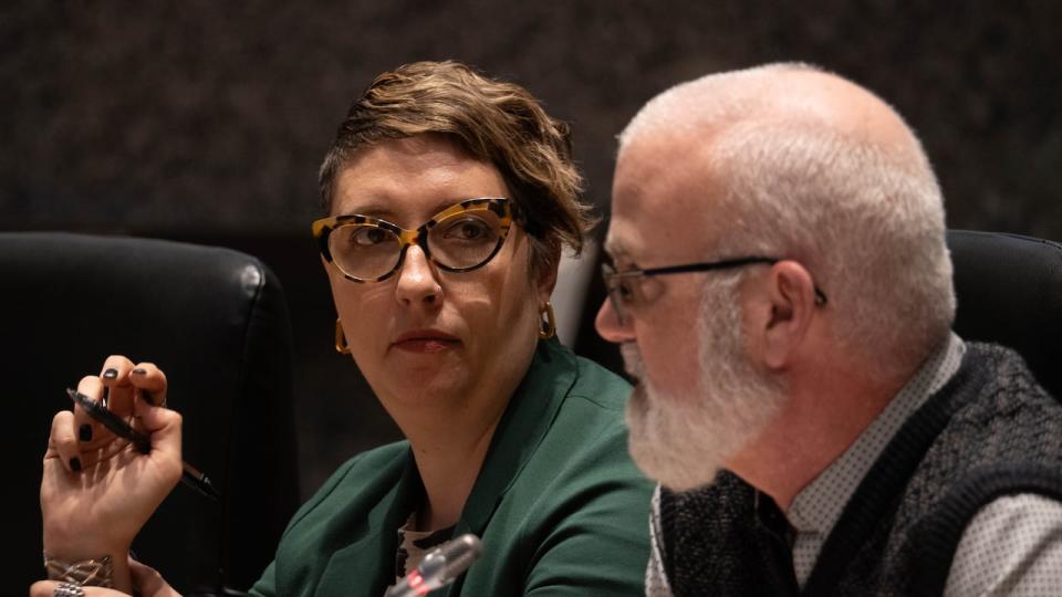 Somerset Coun. Ariel Troster talks to Kitchisippi Coun. Jeff Leiper during an Ottawa City Council meeting on Jan. 24, 2024. 