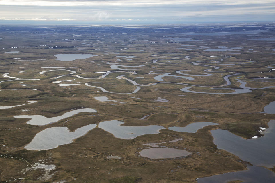 Lakes and connecting streams in the northeastern part of hte National Petroleum Reserve in Alaska are seen from the air on June 26, 2014. (Photo by Bob Wick/U.S. Bureau of Land Management)
