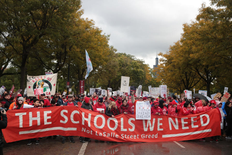 The Chicago Teachers Union has waged several successful strikes in the last decade, including an 11-day walkout just before the pandemic began. (Scott Olson/Getty Images)