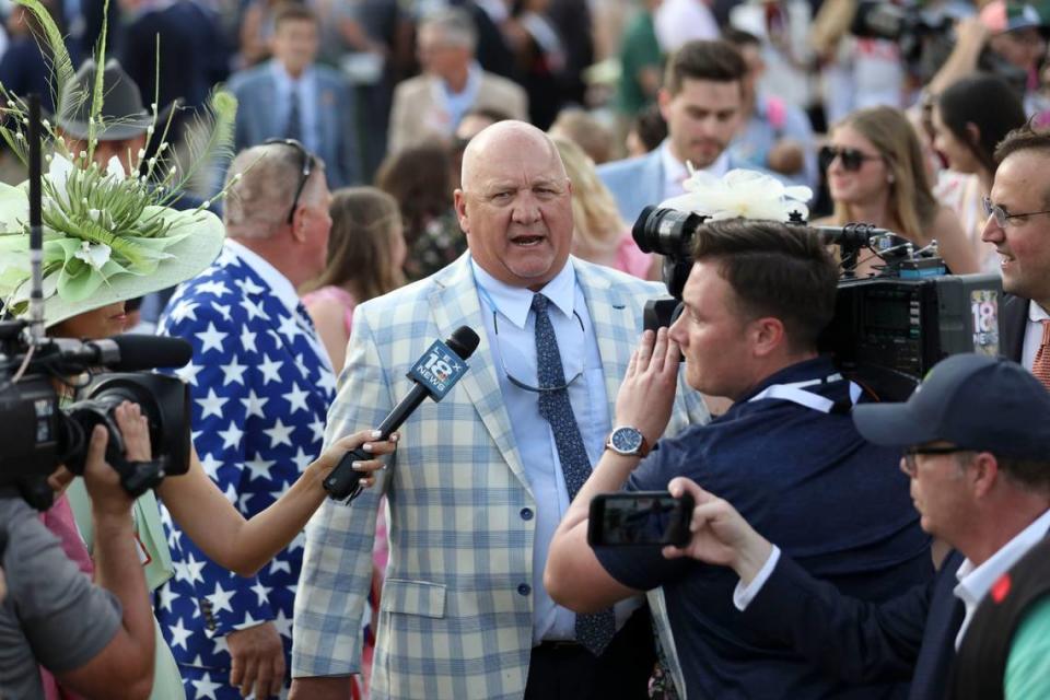 Trainer Kenneth McPeek walks to the Winner’s Circle after Mystik Dan with Brian Hernandez, Jr. up (3), wins Kentucky Derby 150 at Churchill Downs in Louisville, Ky., Saturday, May 4, 2024.